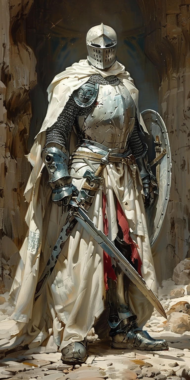 AI generated: Midjourney prompt: pencil drawing of a knight with shield and cloak, ... (Midjourney - Character Design)