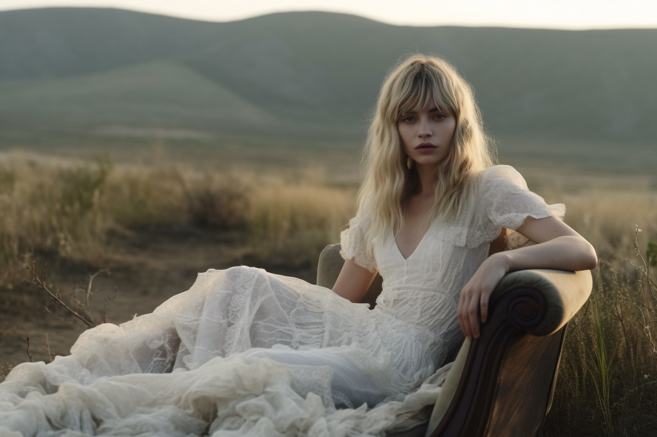Midjourney prompt: a woman sitting on top of a couch in a field, skin... - Midjourney