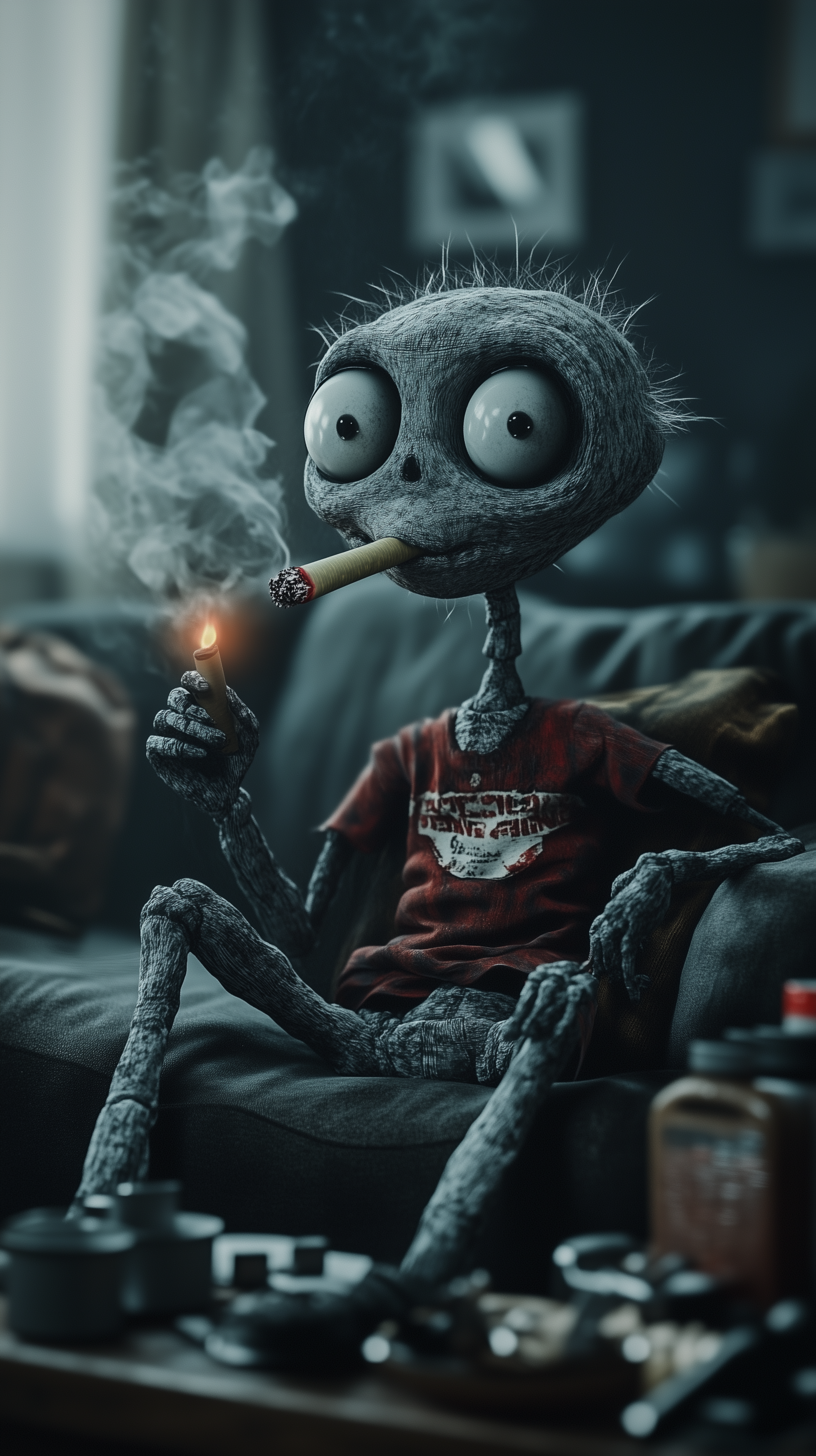 AI generated: Midjourney prompt: Gray, skeletal cartoon character, sitting on a dar... (Midjourney - Food & Drink)