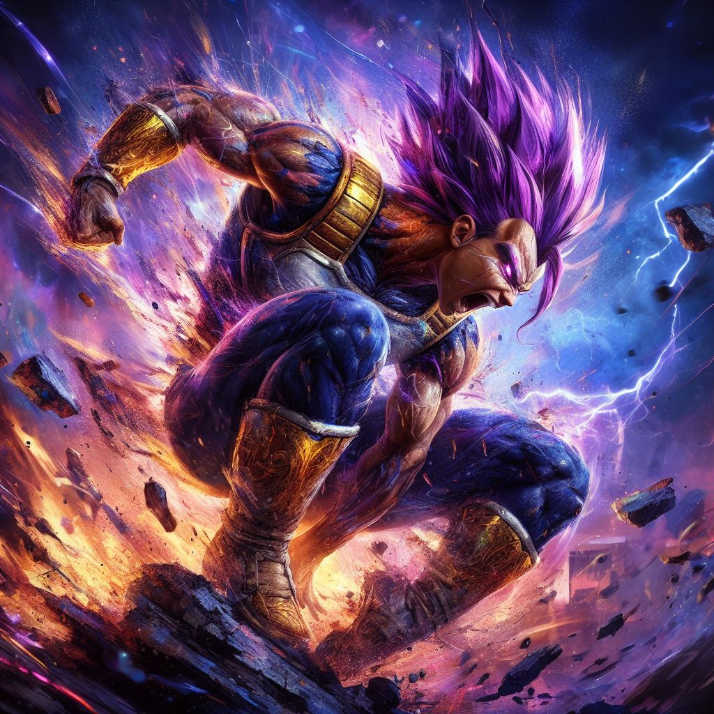 AI generated: DALL·E prompt: painterly style, Vegeta fighting at war, raging, p... (DALL·E - Anime)