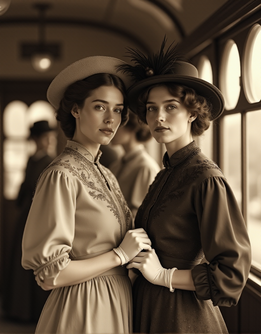 AI generated: FLUX prompt: sepia photography, two young french women, brown h... (FLUX - Portraits)
