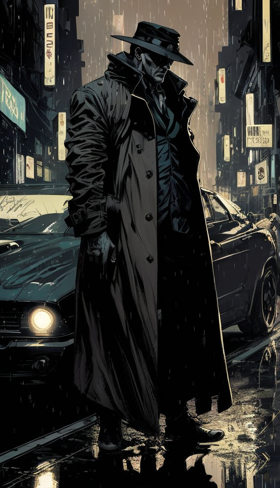 AI generated: DreamShaper prompt: a man in a trench coat and hat walking down a stre... (DreamShaper - Concept Art)