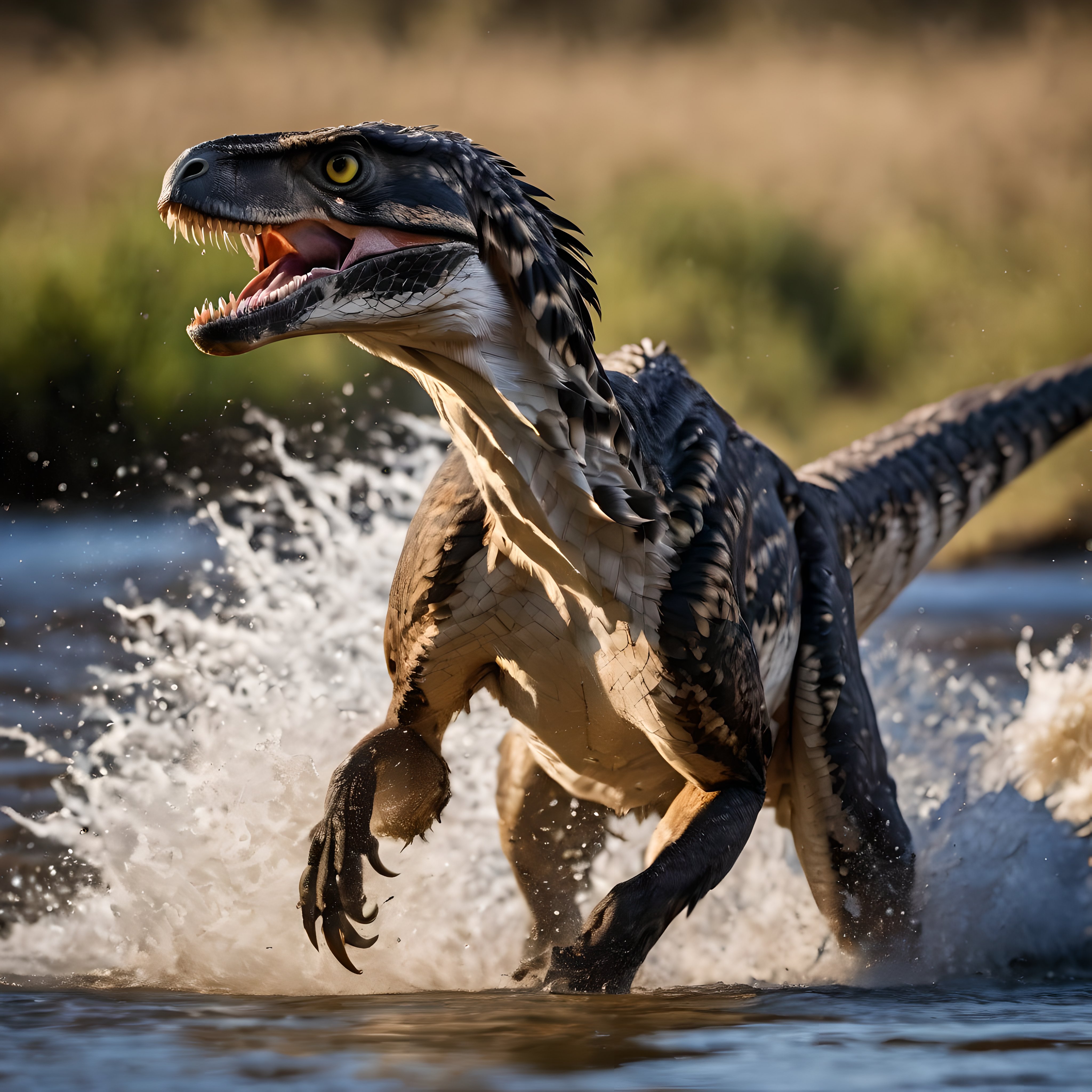 Stable Diffusion prompt: A raptor charging through a rive...