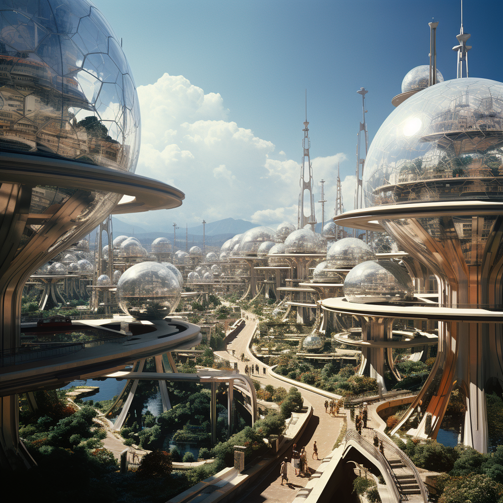 AI generated: Midjourney prompt: Retrofuturism style, It is a city designed by Buck... (Midjourney - Landscapes)