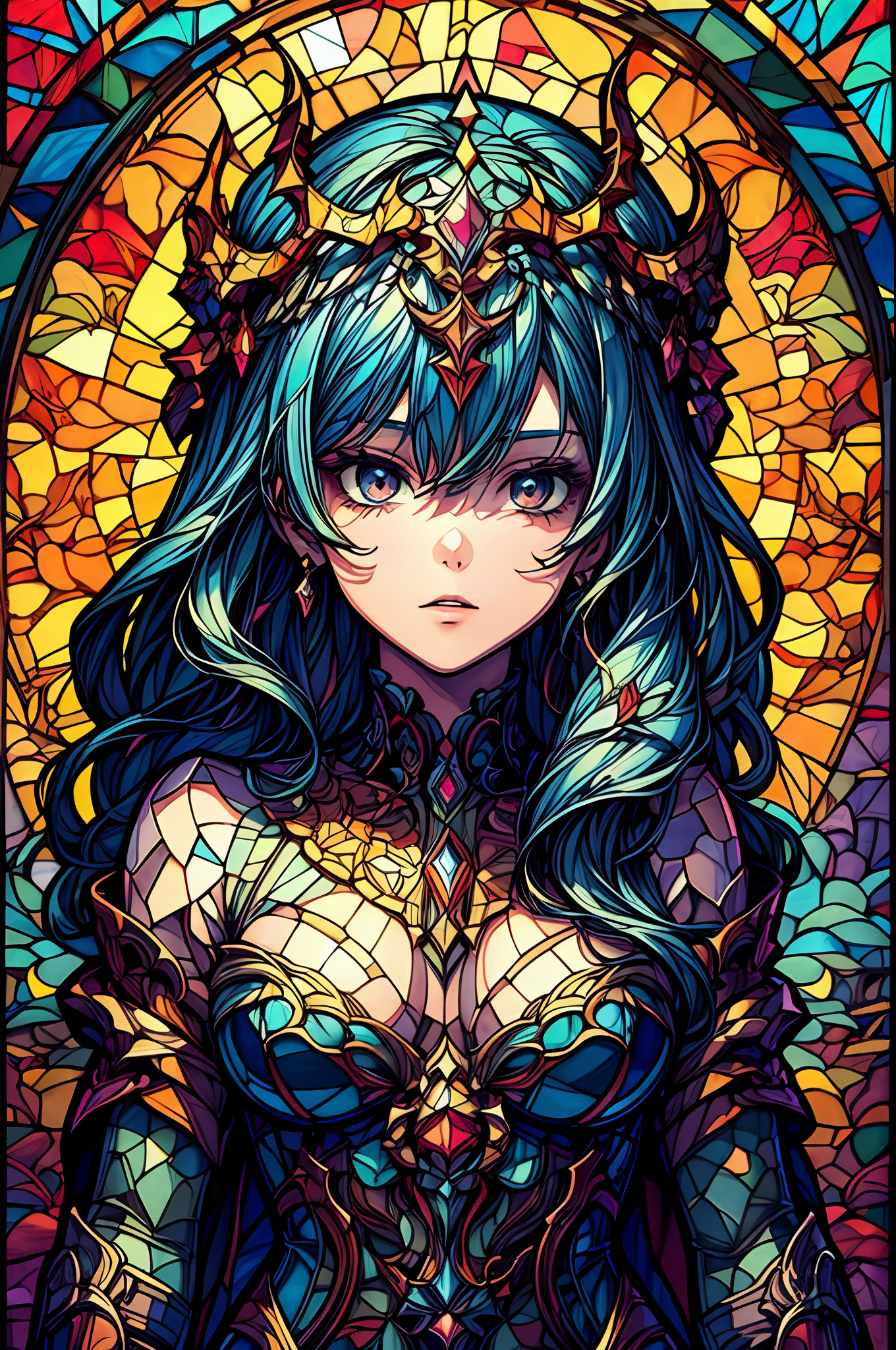 Stable Diffusion prompt: stained glass art of goddess, mo...