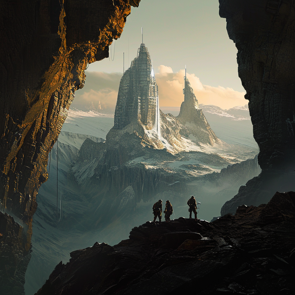 صورة مولدة بالذكاء الاصطناعي: Midjourney prompt: Alien ruins, sci fi, soft light, golden ration, fa... (نموذج Midjourney - مناظر طبيعية)