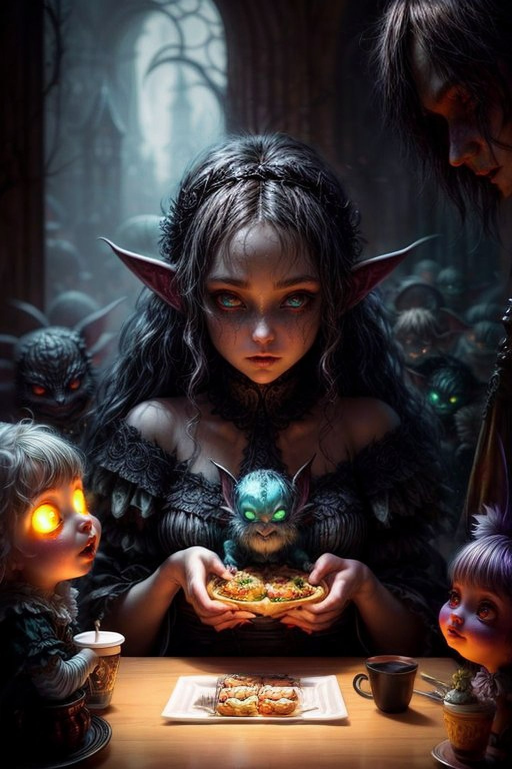 صورة مولدة بالذكاء الاصطناعي: Stable Diffusion prompt: luminism, a close up monster family having dinner ... (نموذج Stable Diffusion - صور شخصية)