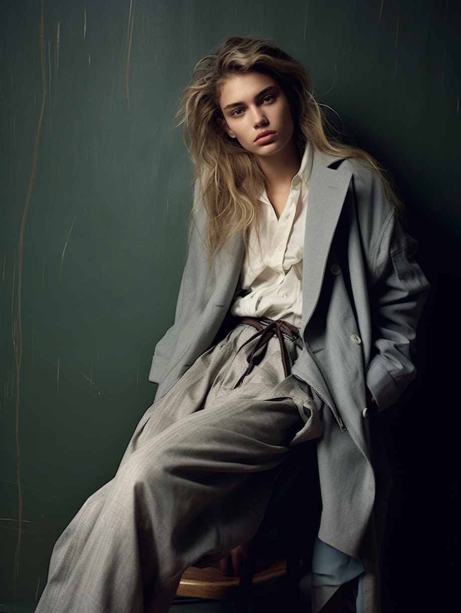 AI generated: Midjourney prompt: a woman sitting on a stool wearing a coat, i-d mag... (Midjourney - Fashion)