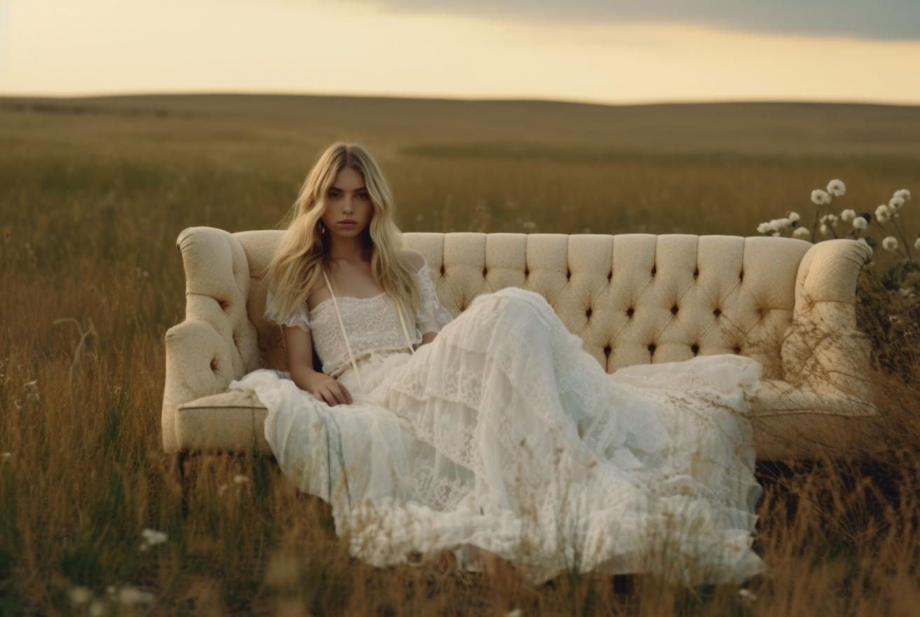 AI generated: Midjourney prompt: a woman sitting on top of a couch in a field, skin... (Midjourney - Fashion)