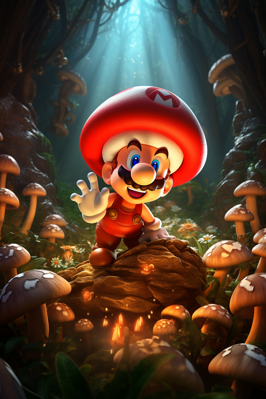 AI generated: Midjourney prompt: Super Mario embarks on a daring mushroom-hunting a... (Midjourney - Character Design)