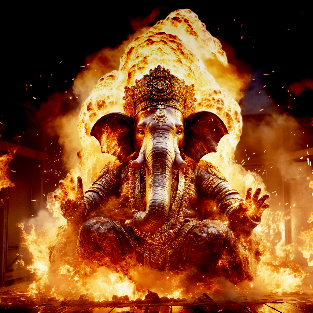 صورة مولدة بالذكاء الاصطناعي: Ganesha out of flames (نموذج Midjourney - فن مفاهيمي)
