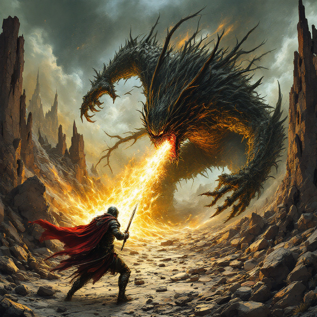 صورة مولدة بالذكاء الاصطناعي: FLUX prompt: This image depicts a dramatic battle between a lon... (نموذج FLUX - مناظر طبيعية)