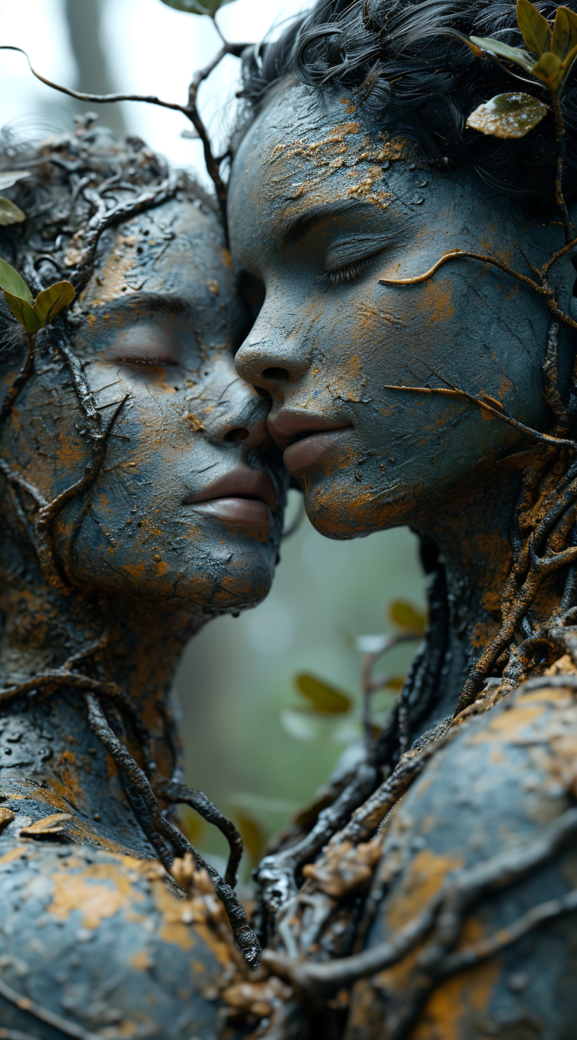 AI generated: Midjourney prompt: two people hugging each other in the jungle, in th... (Midjourney - Portraits)