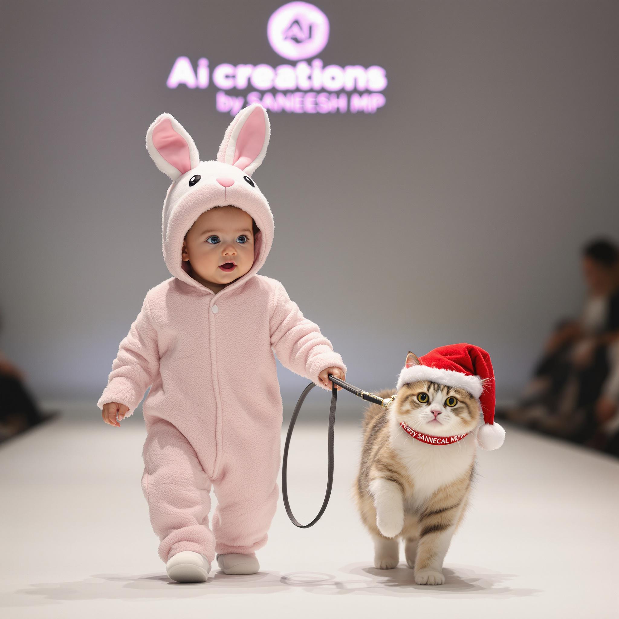 AI generated: FLUX prompt: A baby dressed in bunny pajamas leads a pet cat on... (FLUX - Fashion)