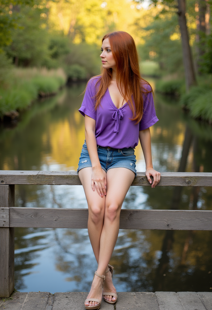 AI generated: FLUX prompt: A woman sits on the railing of a bridge overlookin... (FLUX - Portraits)