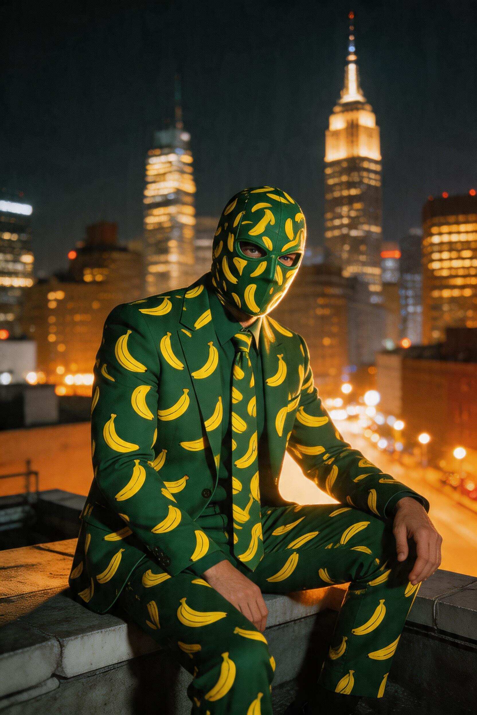 AI generated: Stable Diffusion prompt: A mysterious man inspired by the Riddler sits on a... (Stable Diffusion - Fashion)