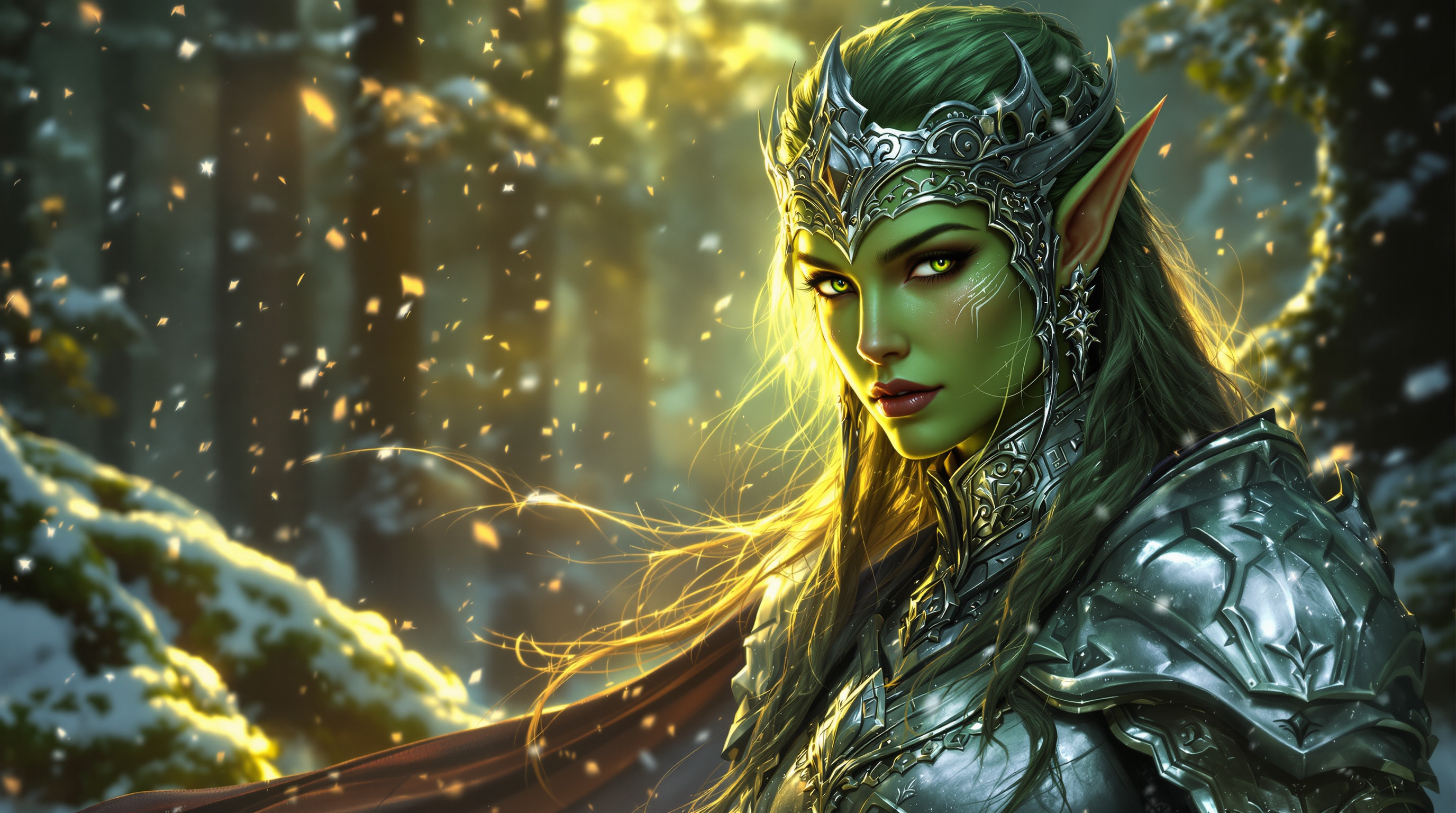 FLUX prompt: An elven warrior queen in silver armor, fant...