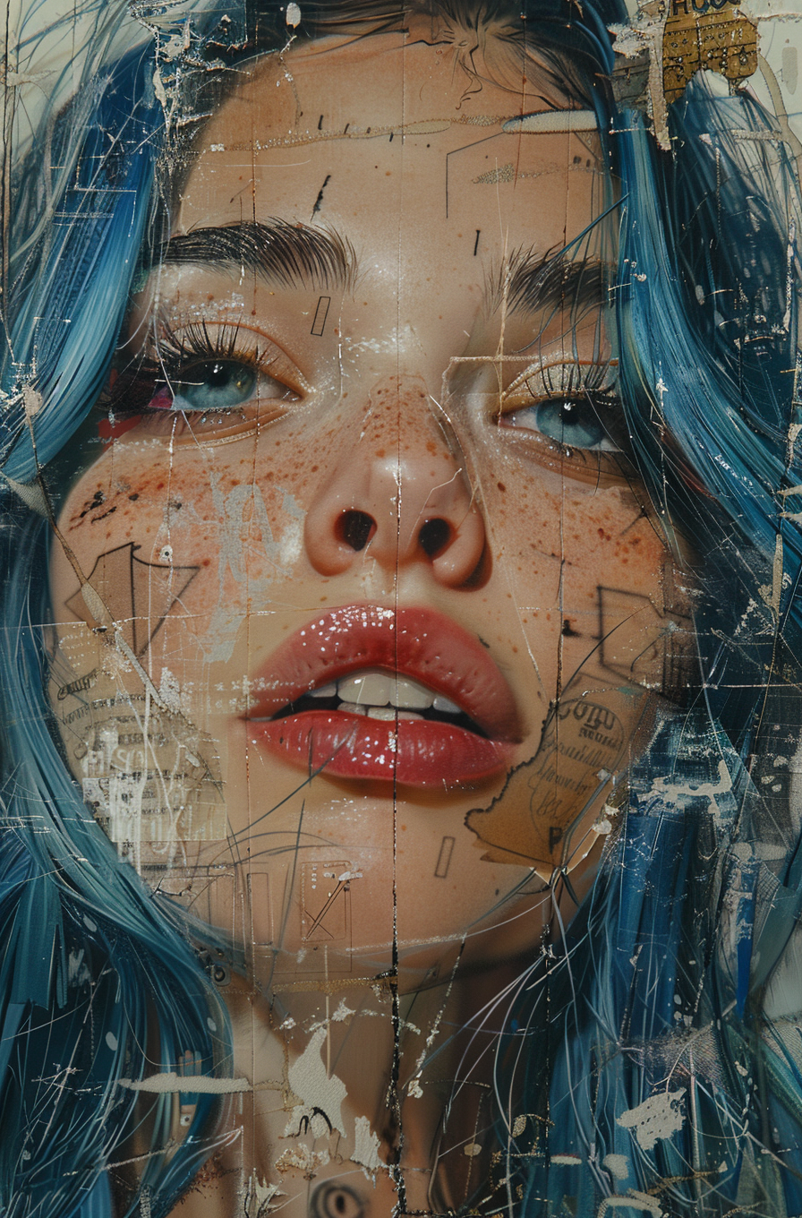 AI generated: Midjourney prompt: woman with blue hair, in the style of multi-layere... (Midjourney - Portraits)