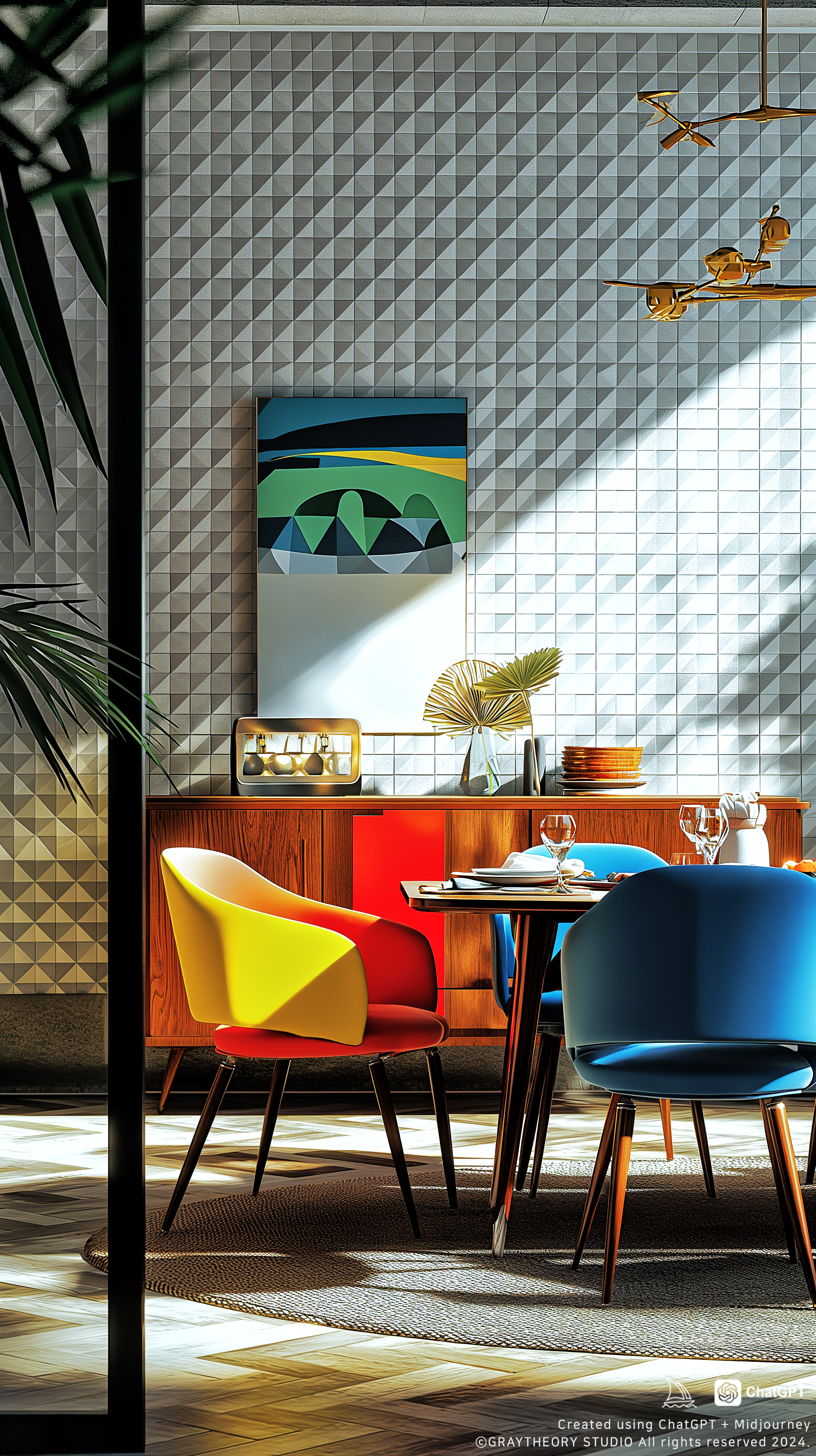 AI generated: Midjourney prompt: cinematic, a vibrant Mid-century modern dining are... (Midjourney - Interior Design)