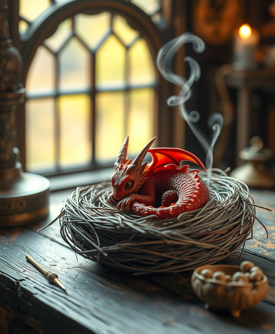 FLUX prompt: photorealistic, lotr, A tiny red dragon curled up ... - FLUX