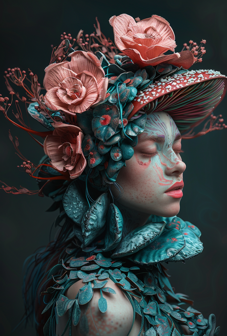 AI generated: Midjourney prompt: a woman with a mushroom mane with a pink flower on... (Midjourney - Portraits)