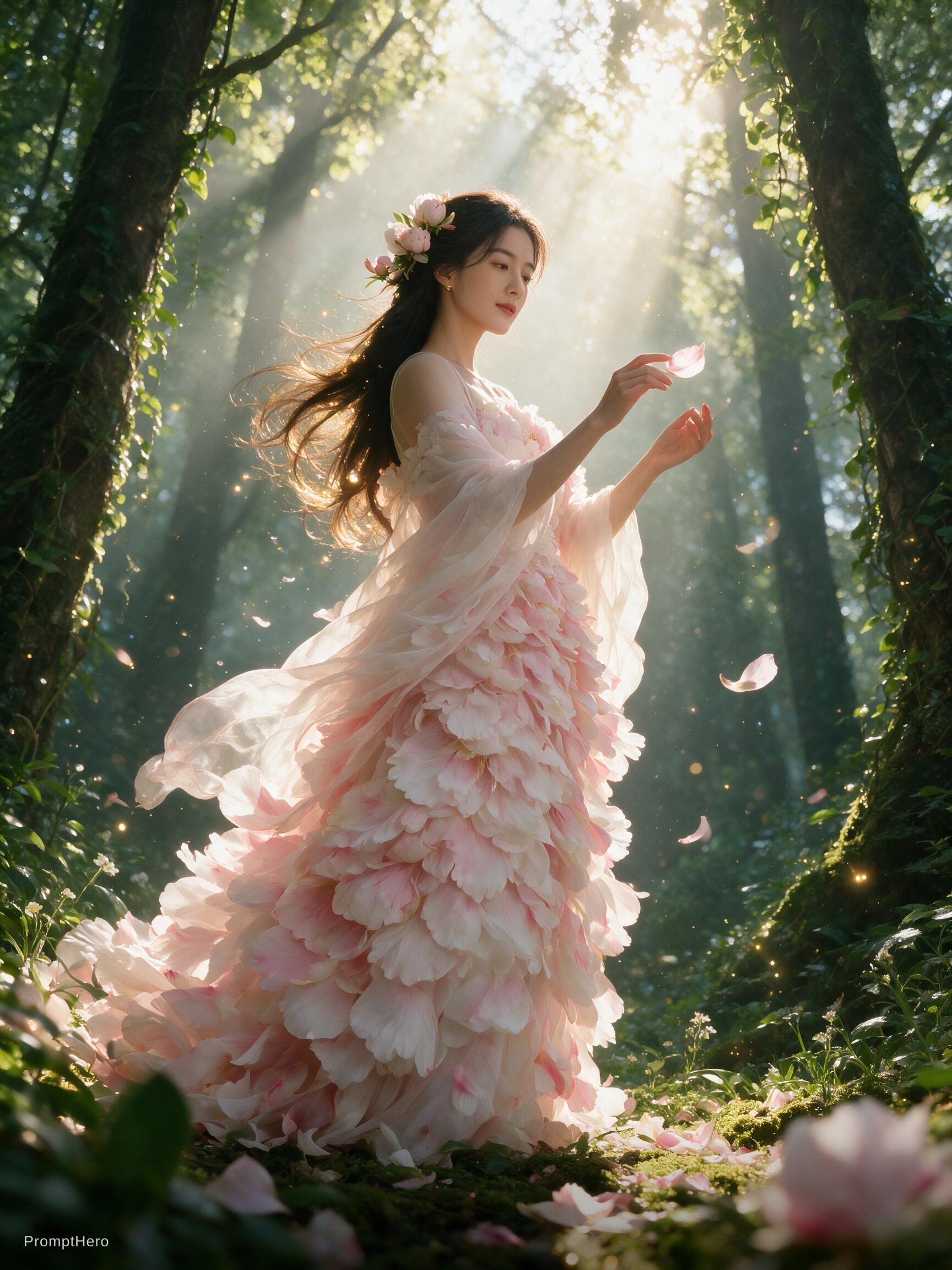 AI generated: Hero prompt: 角色设定：一位由牡丹花幻化而成的花仙子，形象为3D写实风格，面容精致，不要卡通风。身穿由层层叠叠、渐... (Hero - Concept Art)