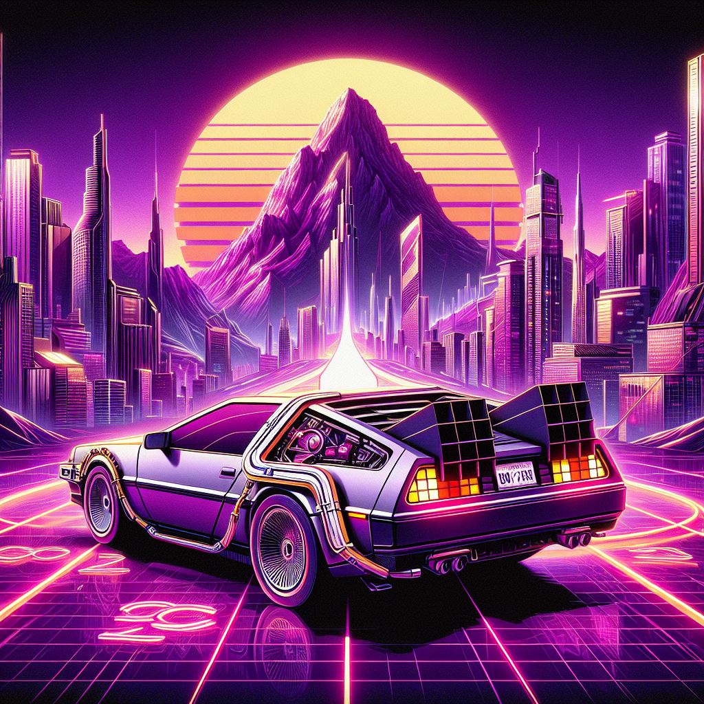 DALL·E prompt: Retro wave. city,delorean dmc-12 , wide kit, road,... - DALL·E