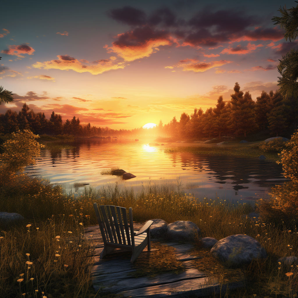 صورة مولدة بالذكاء الاصطناعي: Midjourney prompt: Magnificent view of the sunset over a tranquil lak... (نموذج Midjourney - مناظر طبيعية)