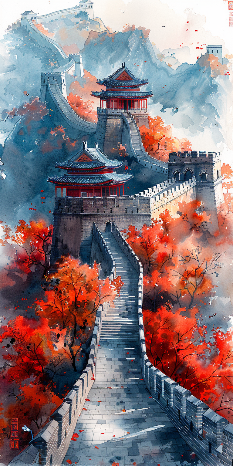 Midjourney prompt: watercolor painting of the Great Wall in autumn, i... - Midjourney