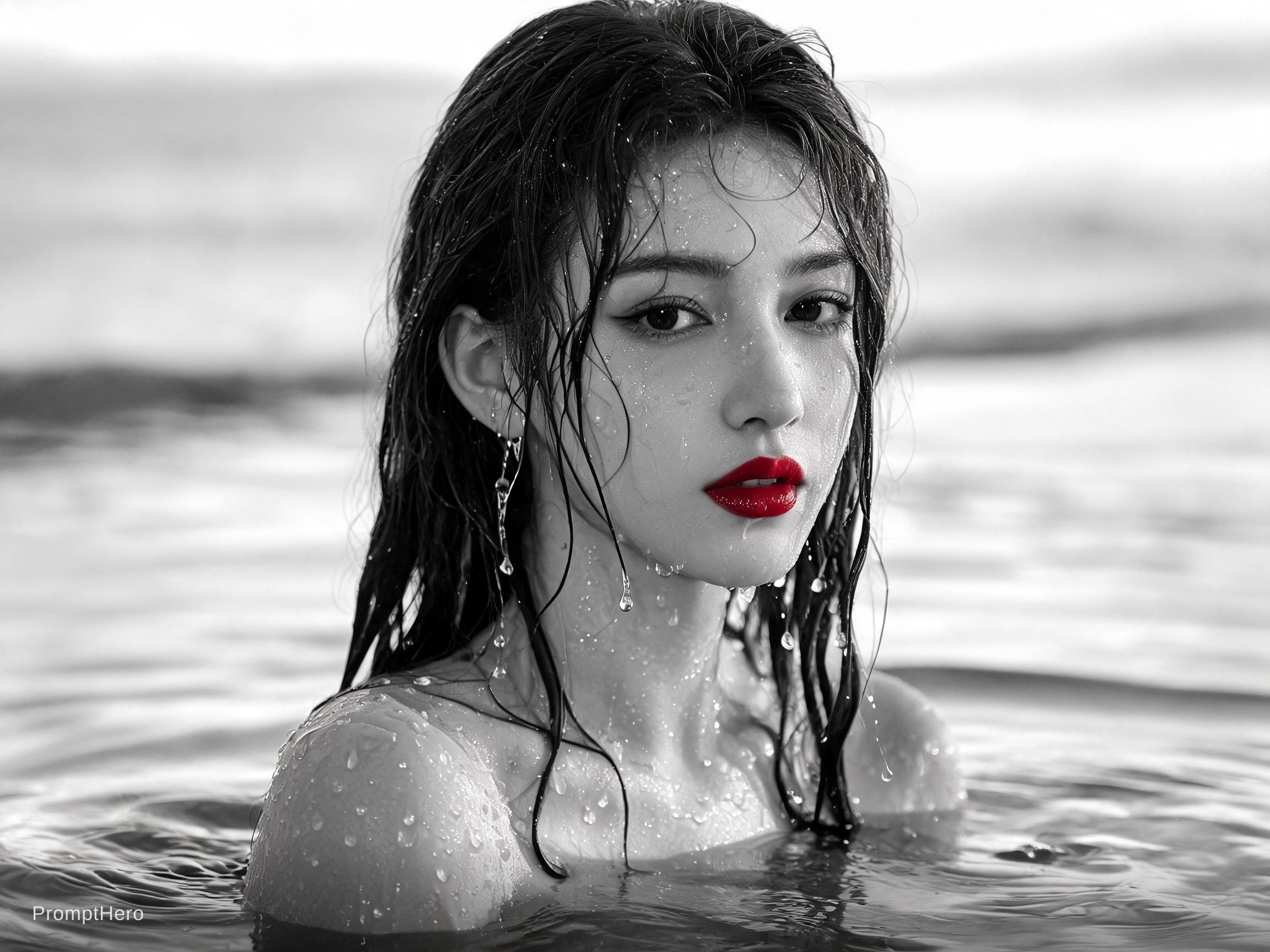 صورة مولدة بالذكاء الاصطناعي: Seedream 5 prompt: photo of a woman in the water, black and white wit... (نموذج Seedream 5 - صور شخصية)