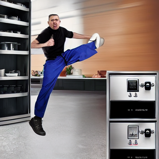 Stable Diffusion prompt: The male chef is running with a ...
