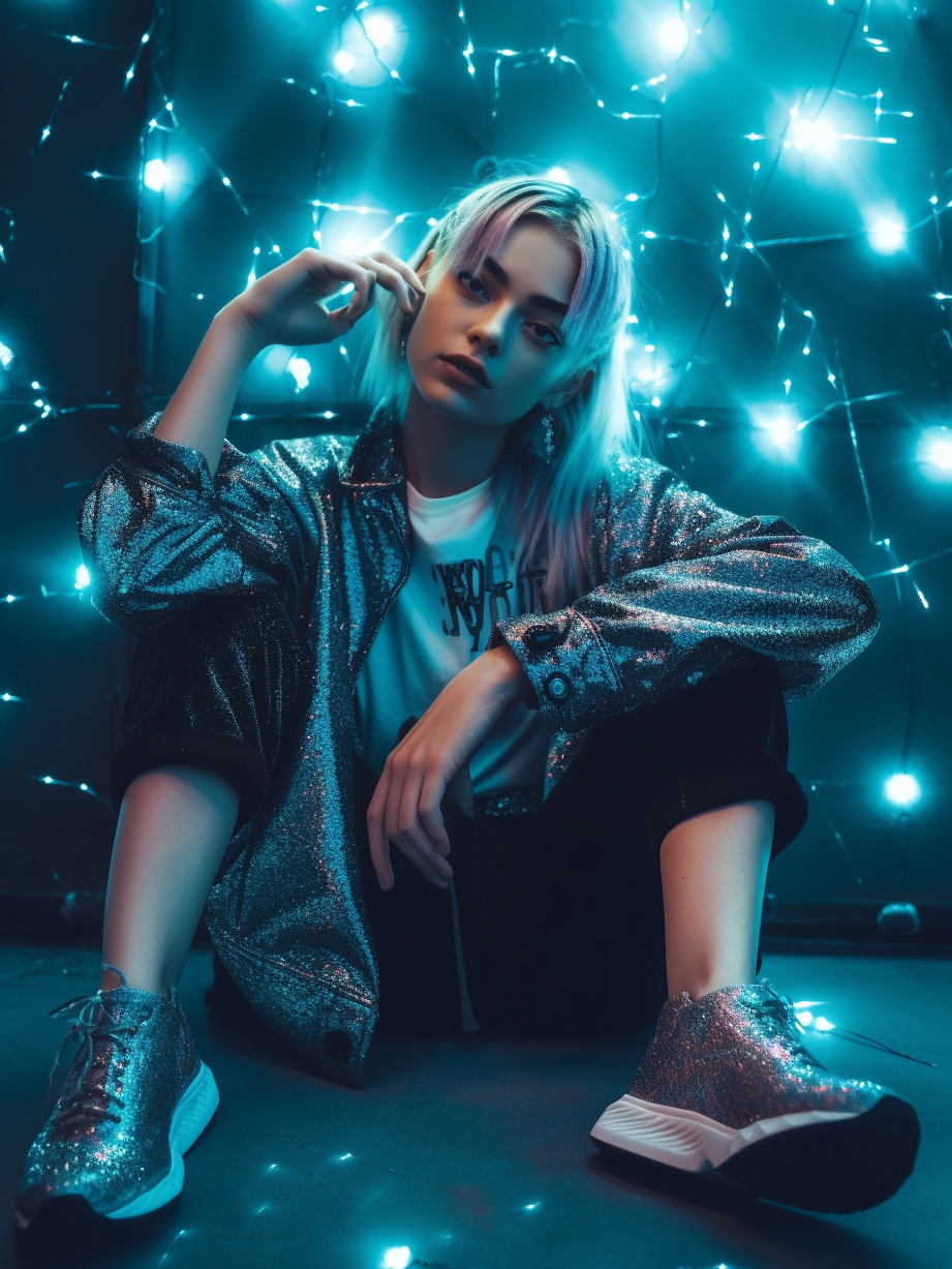 Midjourney prompt: photo of a woman sitting on the ground, glitter ma... - Midjourney