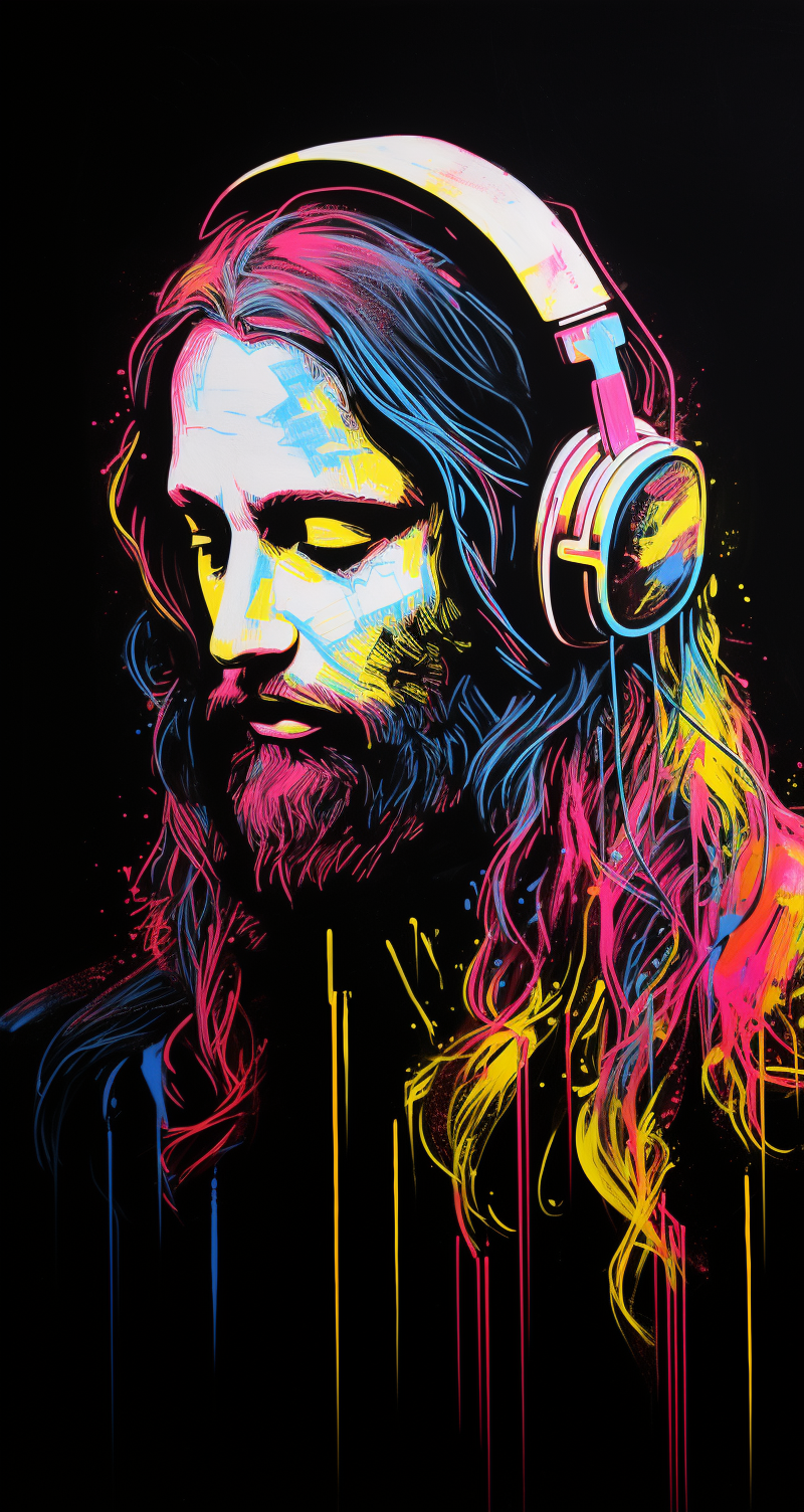 AI generated: Midjourney prompt: [jesus] wearing headphones, drawn with white ink o... (Midjourney - Anime)
