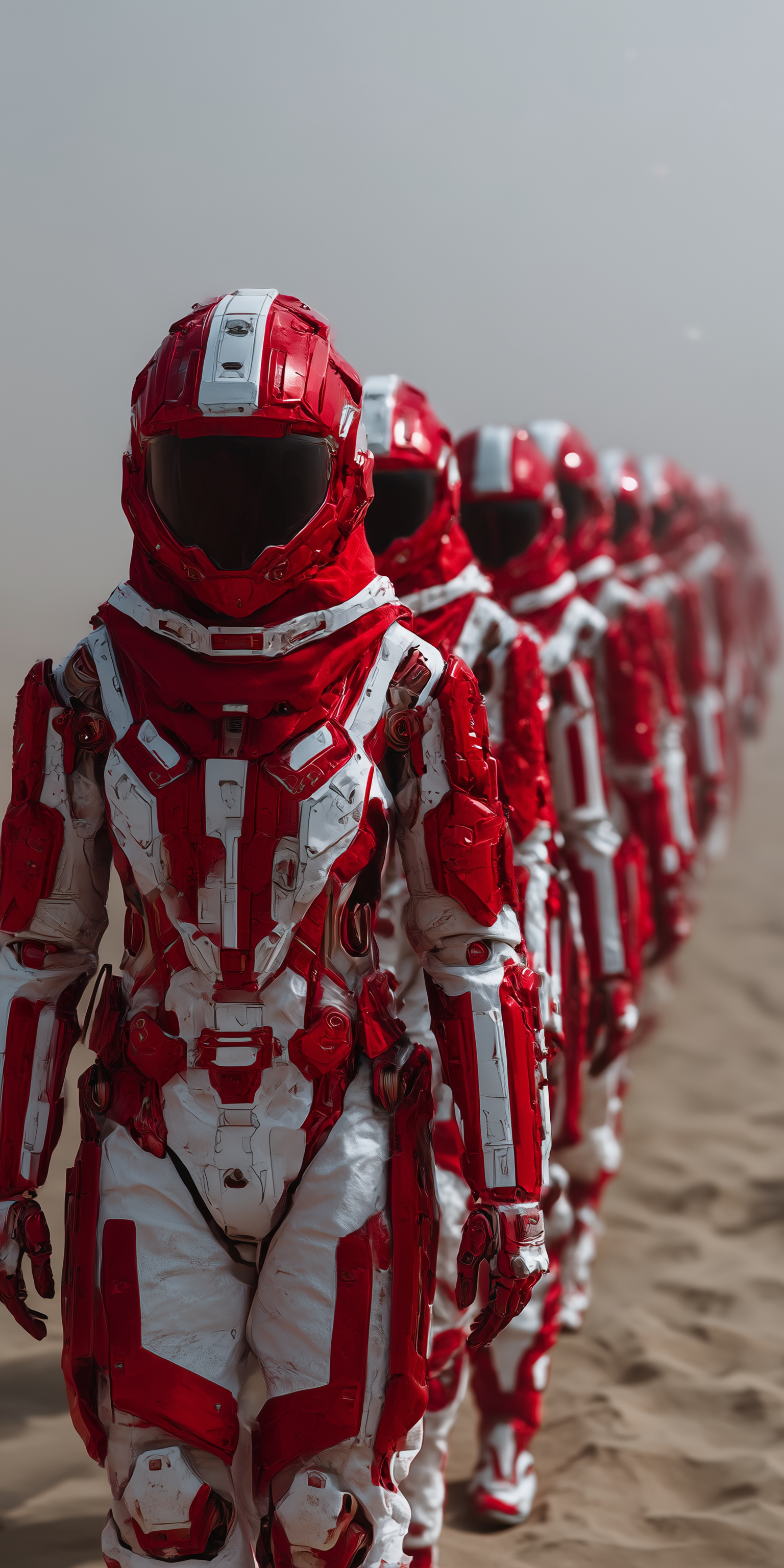 صورة مولدة بالذكاء الاصطناعي: Midjourney prompt: A group of female robot astronauts in red and whit... (نموذج Midjourney - فن مفاهيمي)