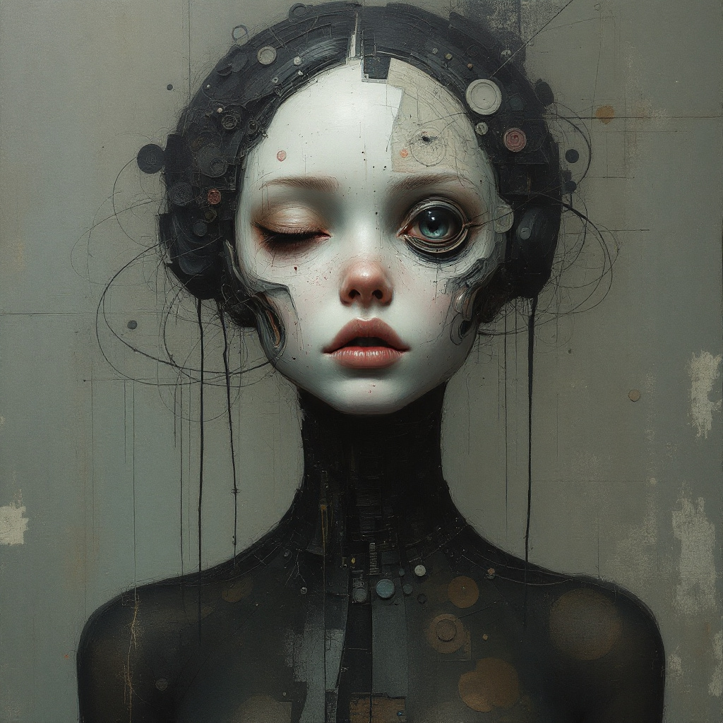 FLUX prompt: Mixed media artwork + Emotional cyborg girl ...