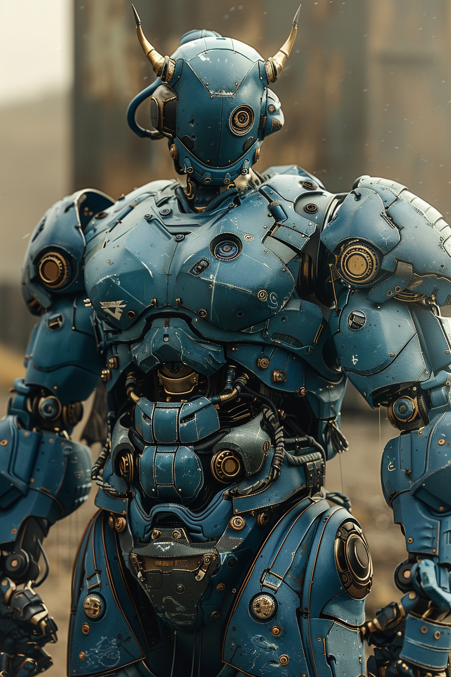 صورة مولدة بالذكاء الاصطناعي: Midjourney prompt: a cyborg in a blue suit and helmet, face covered, ... (نموذج Midjourney - فن مفاهيمي)