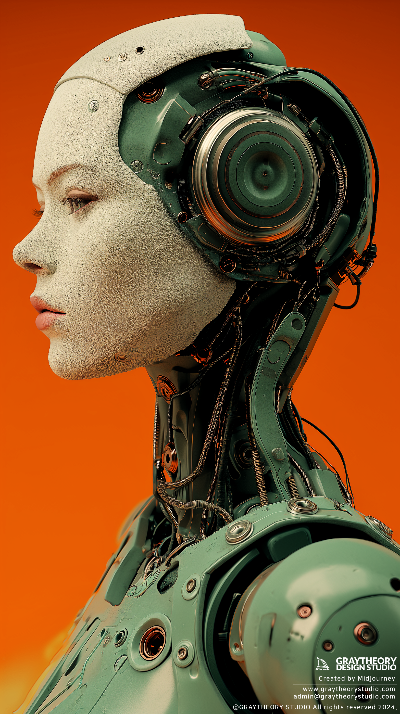 صورة مولدة بالذكاء الاصطناعي: Midjourney prompt: 3d rendering, robot, a plaster bust, side view, gr... (نموذج Midjourney - 3d Renders)
