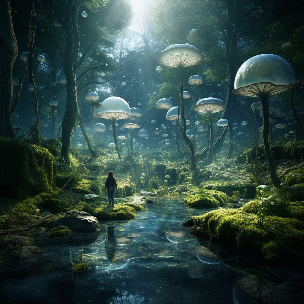 صورة مولدة بالذكاء الاصطناعي: Midjourney prompt: cyan moss in the forest, in the style of matthias ... (نموذج Midjourney - فن مفاهيمي)