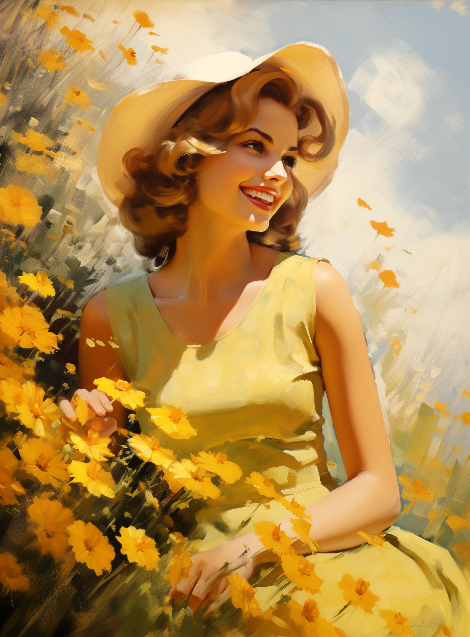 Midjourney prompt: 1939, an illustration of a woman in a flower meado... - Midjourney