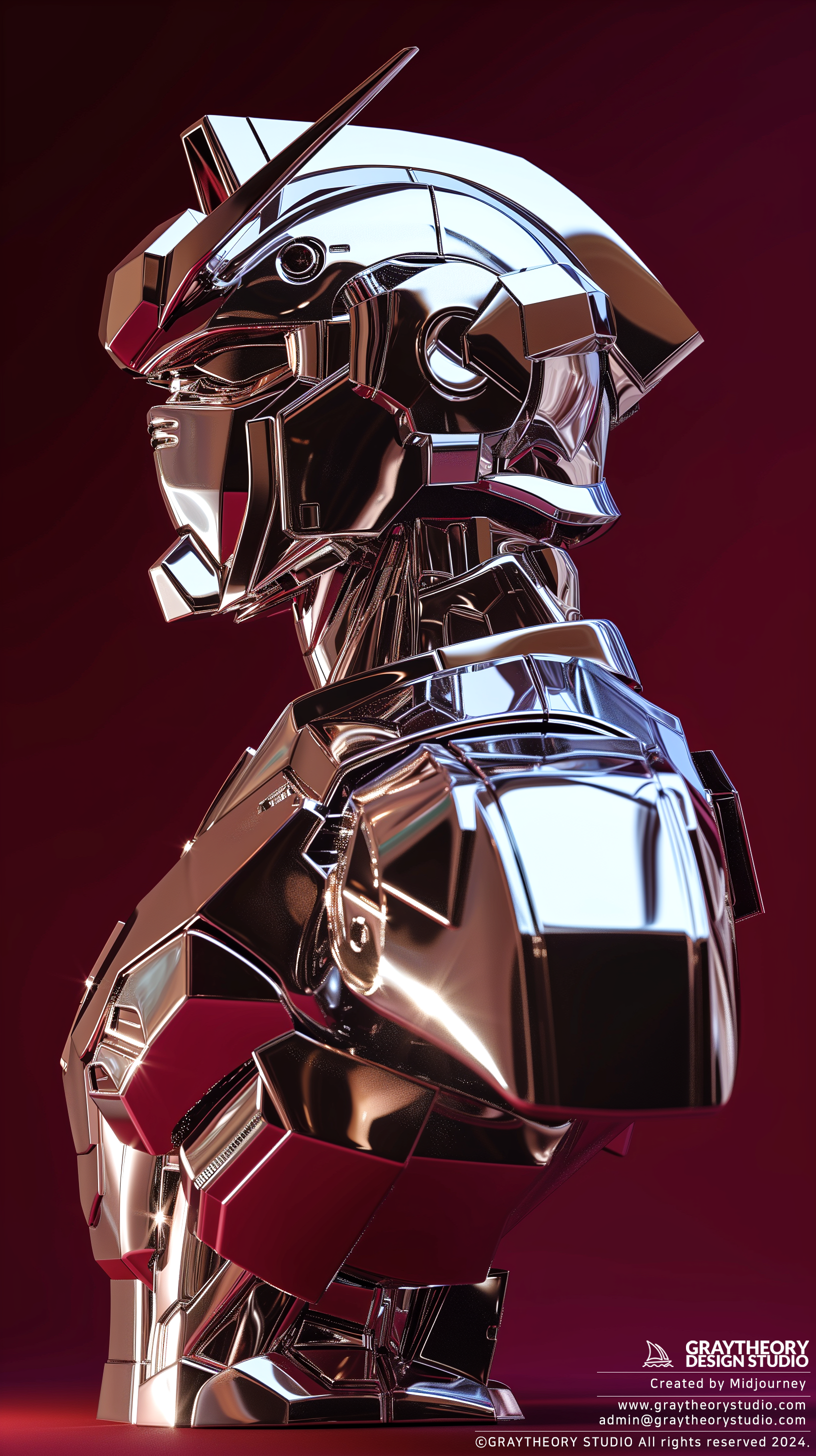 صورة مولدة بالذكاء الاصطناعي: Midjourney prompt: 3d rendering, Gundam bust, side view, chrome textu... (نموذج Midjourney - 3d Renders)
