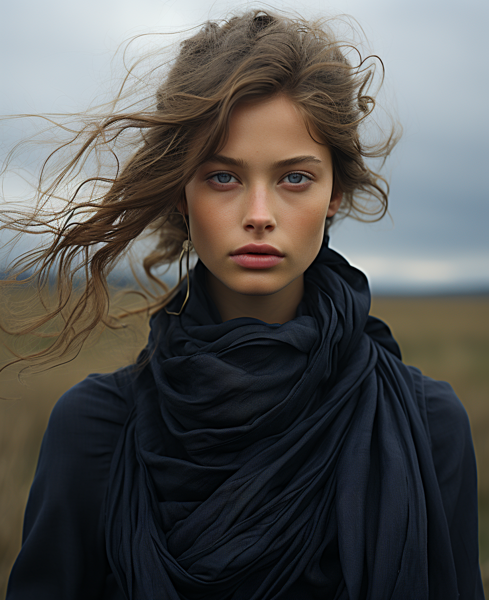Midjourney prompt: the woman in the field is dressed for the camera, ... - Midjourney