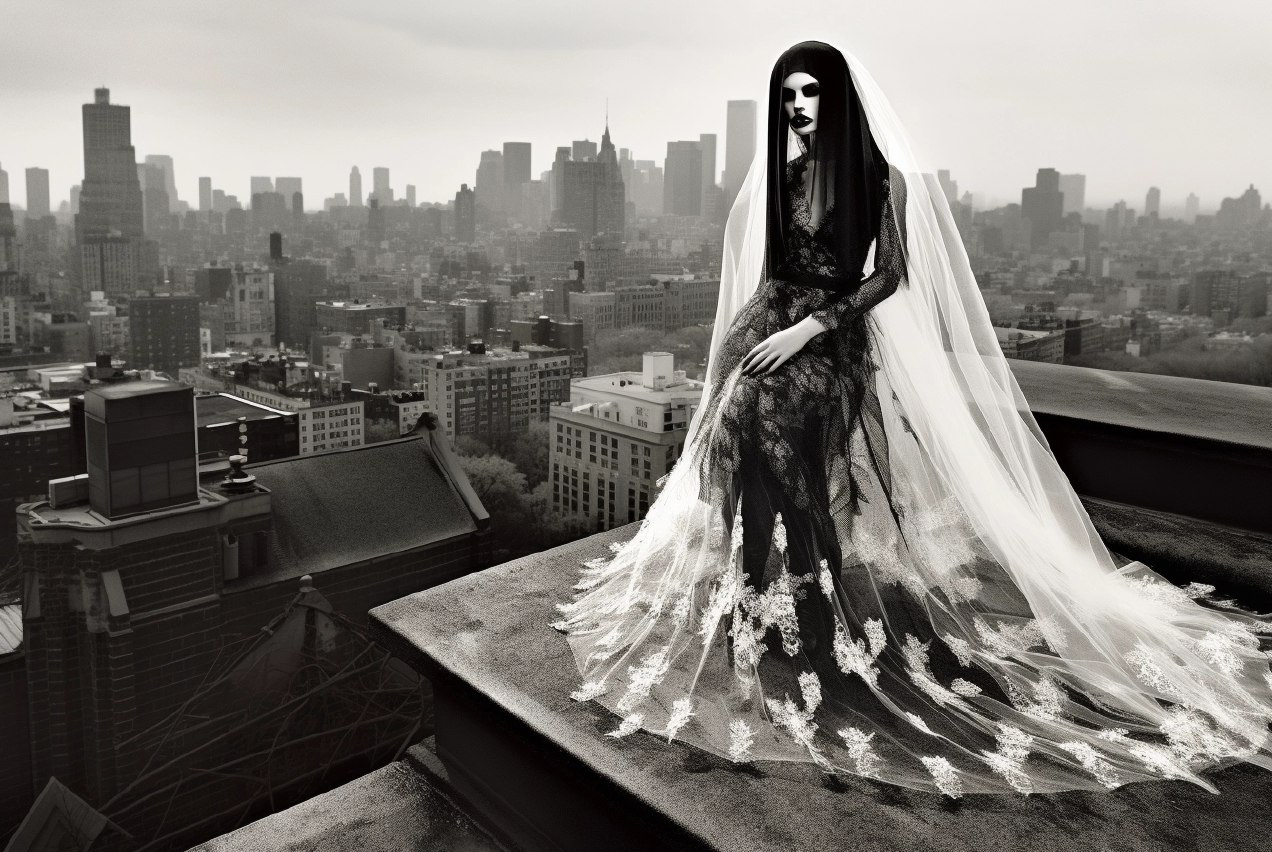 Midjourney prompt: a black and white photo of a woman with a veil ove... - Midjourney