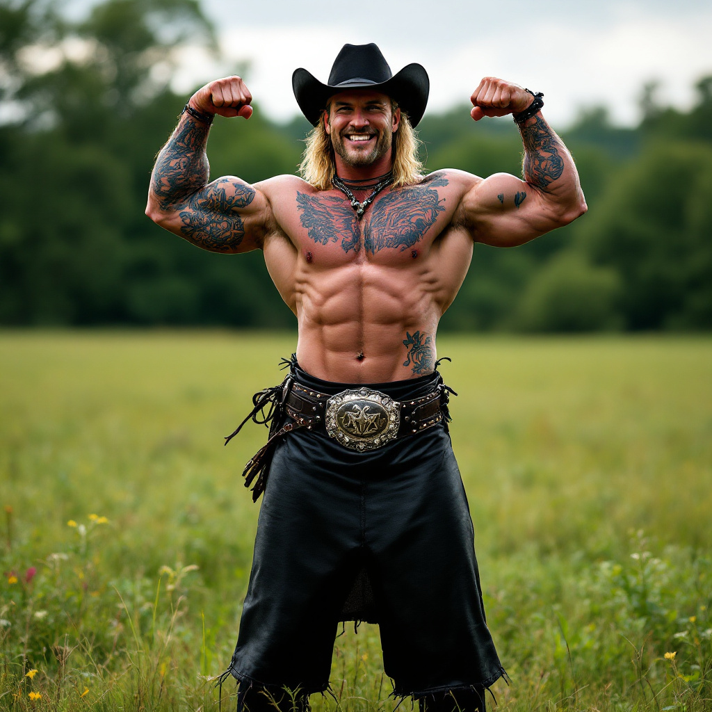 FLUX prompt: Full body image, Cowboy, muscular, heavily t...