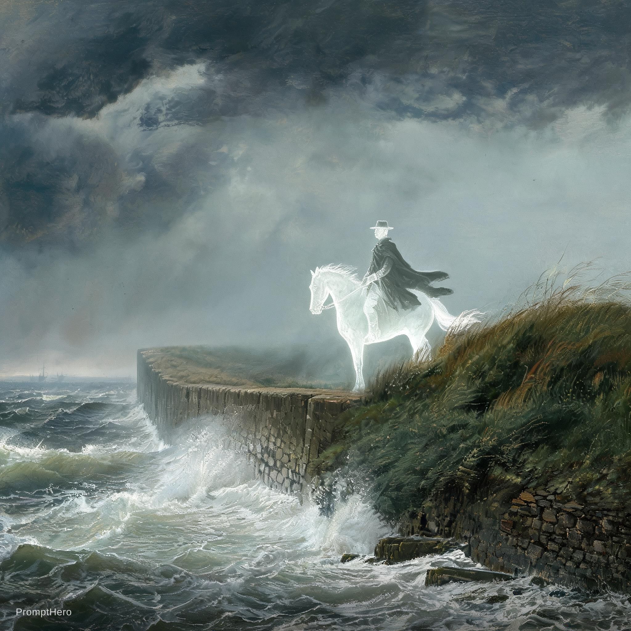 AI generated: Seedream 5 prompt: a ghostly rider on a white horse, patrolling atop ... (Seedream 5 - Animals & Nature)