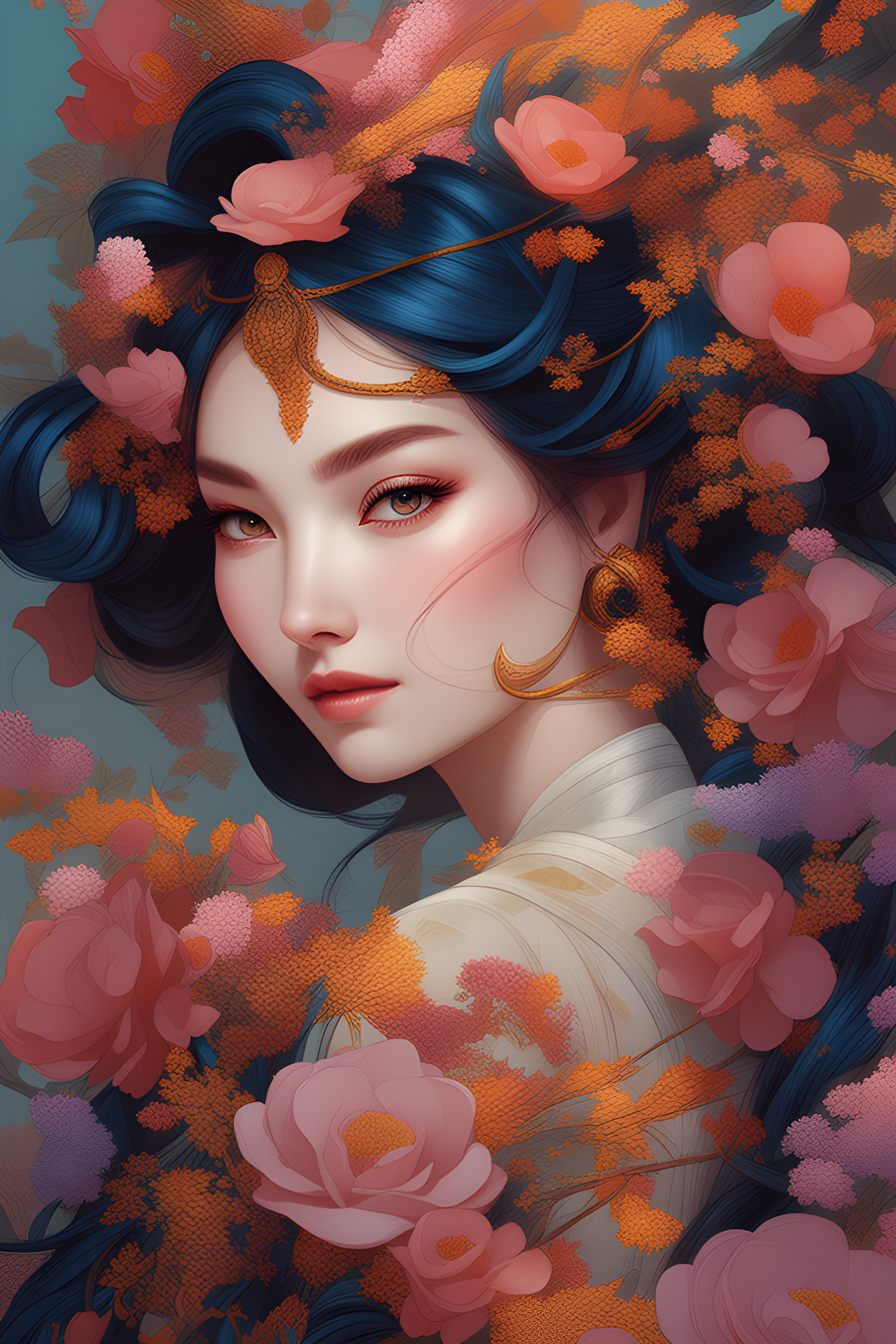 صورة مولدة بالذكاء الاصطناعي: Deliberate prompt: a painting of a woman with flowers in her hair, be... (نموذج Deliberate - صور شخصية)