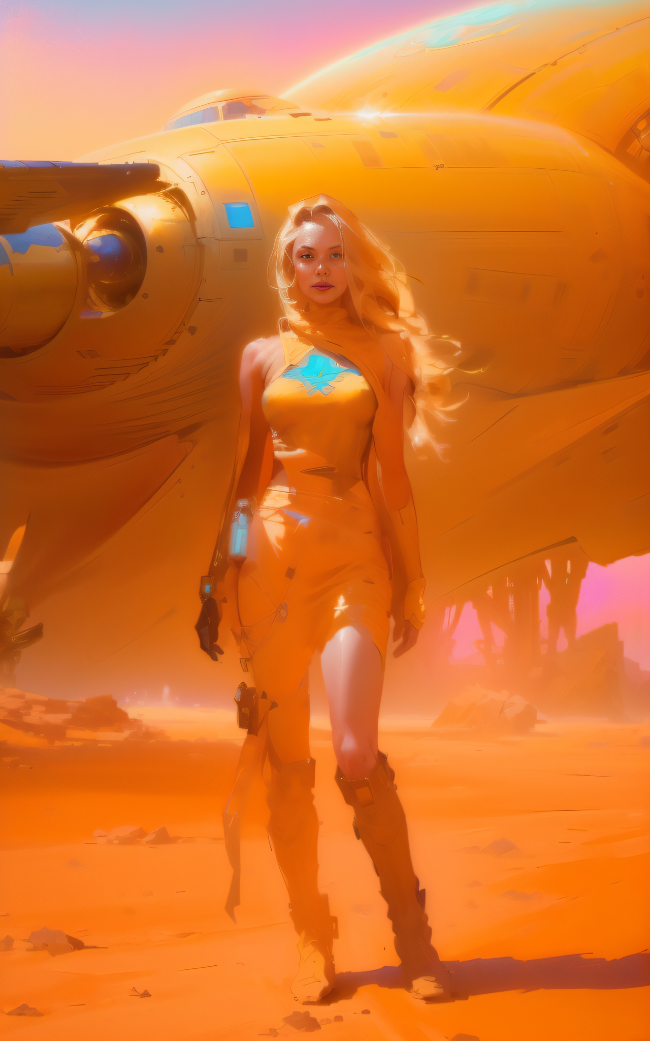 AI generated: DreamShaper prompt: a woman standing in front of a large airplane in a... (DreamShaper - Concept Art)