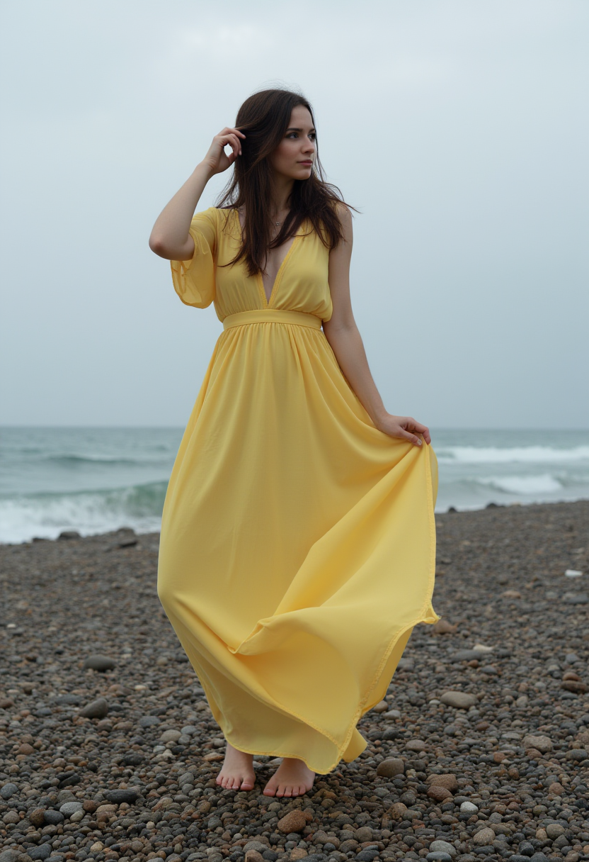 صورة مولدة بالذكاء الاصطناعي: FLUX prompt: a woman wearing a loose yellow evening dress, long... (نموذج FLUX - تصوير فوتوغرافي)