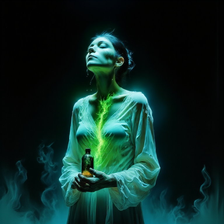 صورة مولدة بالذكاء الاصطناعي: FLUX prompt: A woman stands still in the dim light, her head ti... (نموذج FLUX - Character Design)