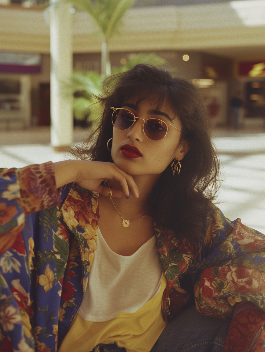 Midjourney prompt: Kooky portraits of 90’s mall, woman in retro cloth... - Midjourney