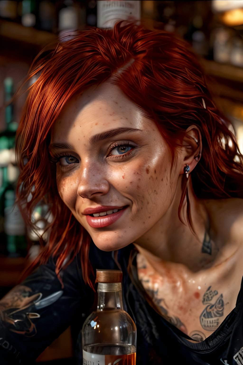 صورة مولدة بالذكاء الاصطناعي: Stable Diffusion prompt: a woman with red hair sticking out, She sits and l... (نموذج Stable Diffusion - صور شخصية)